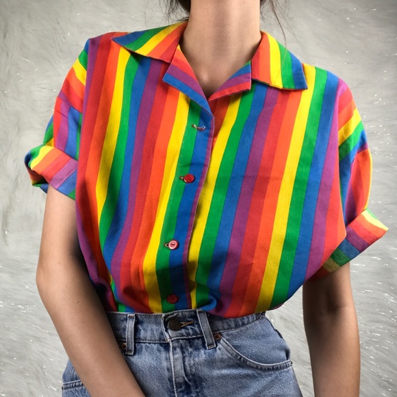 Vintage Tops - Vintage | rainbow striped button down blouse